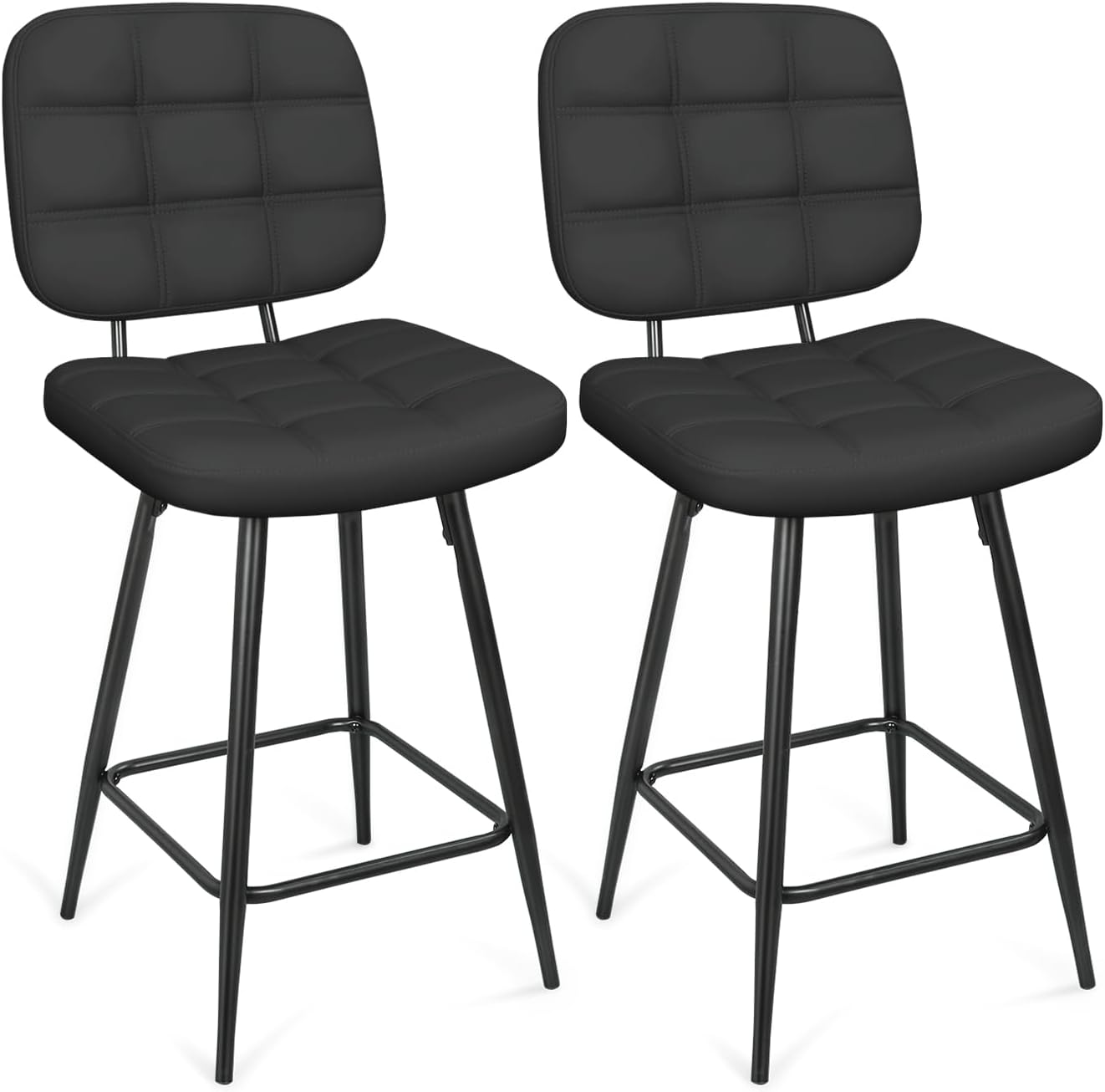 Upholstered Metal Base Barstool with Back and Footrest, for Dining Room Counter Island, Set of 2