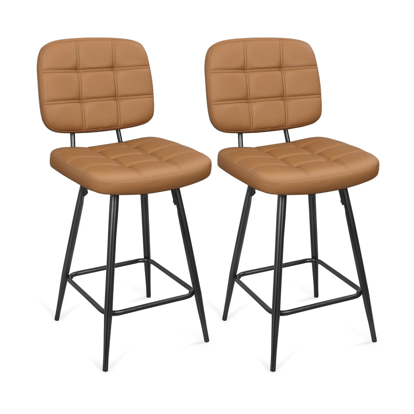 Upholstered Metal Base Barstool with Back and Footrest, for Dining Room Counter Island, Set of 2