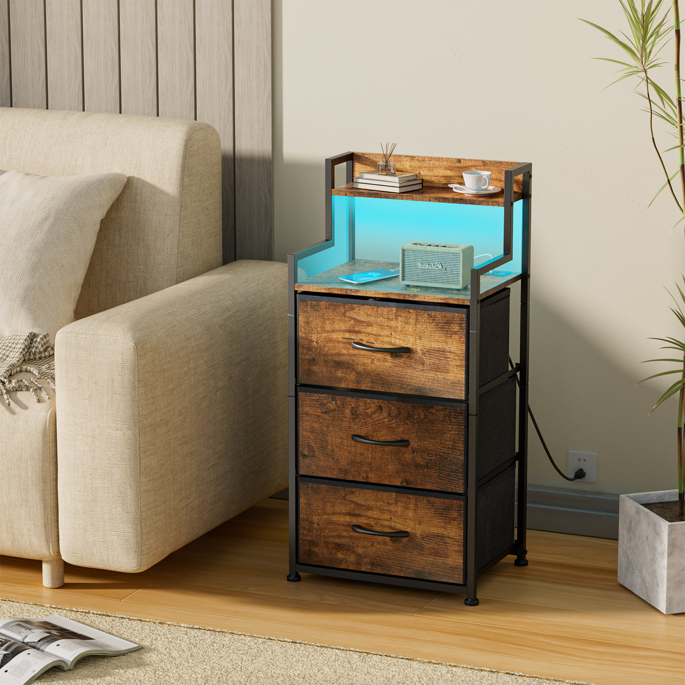 Tall Nightstand with Light and Charging Station 3 Fabric Drawers and Storage Shelf