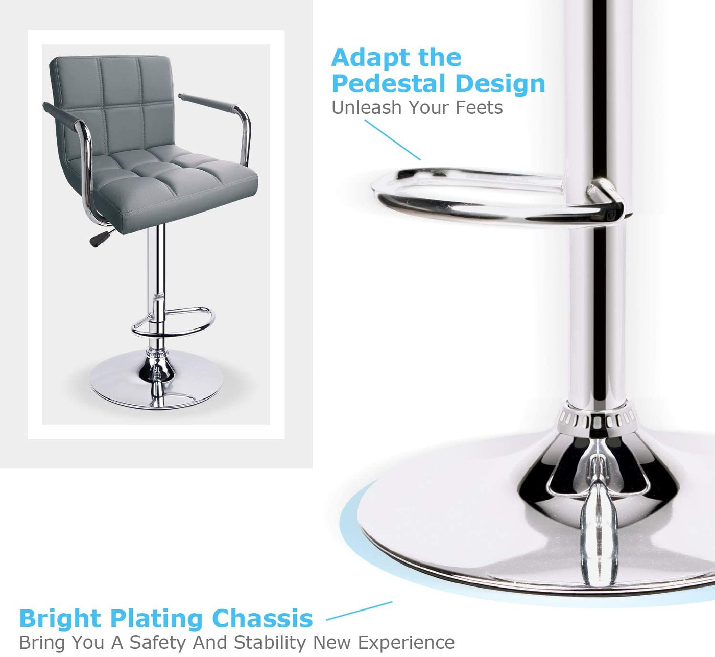 Adjustable Square Bar Stools with Arm Rest Light Grey (Set of 2) - HOMEKOKO
