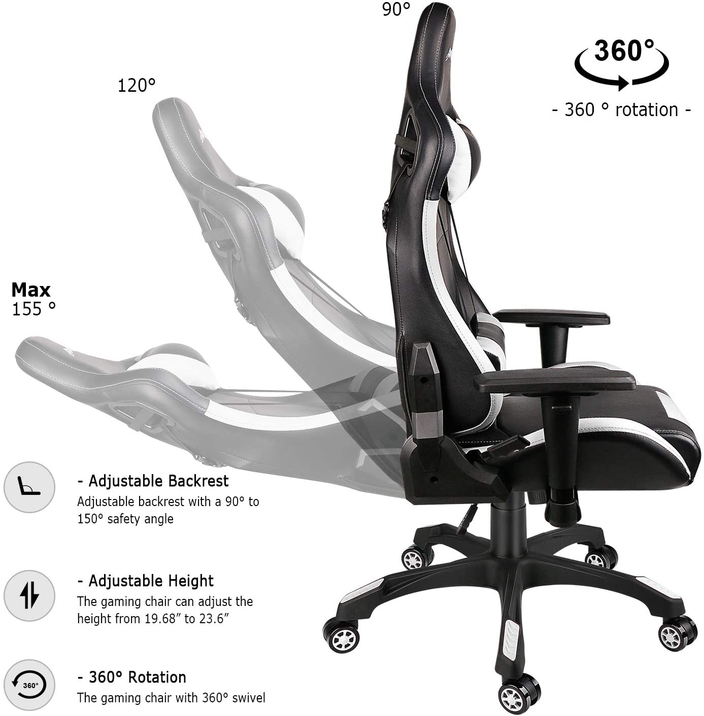 Swivel Gaming Chair with Adjustable Armrest White - HOMEKOKO